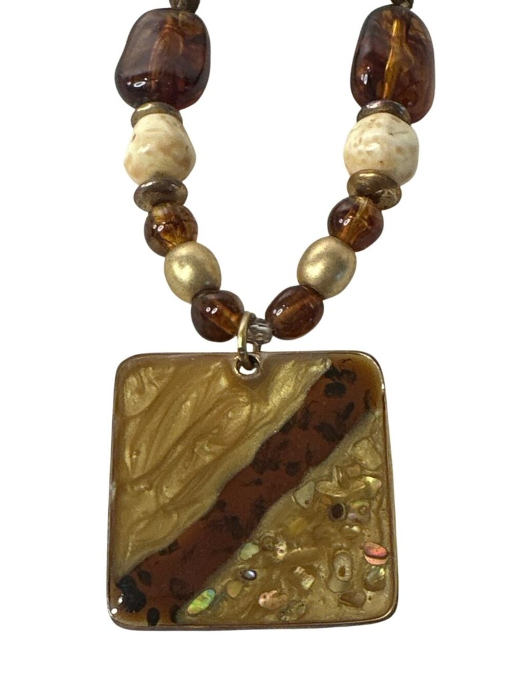 Vintage Laura Ashley Beaded Pendant Necklace Brown Resin Sparkly Boho Chunky